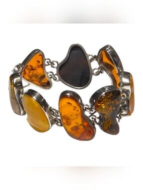 Vintage Heavy Baltic Amber Bracelet 925 Sterling Butterscotch Cognac Multi 59g